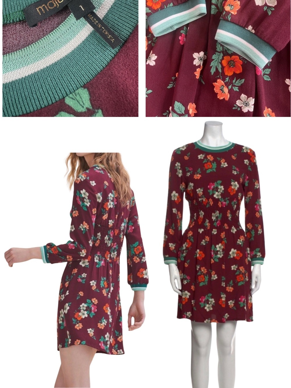 Maje Burgundy Floral Knit-Trim Long Sleeve Dress